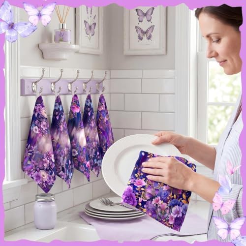 Breling 6 Pack Purple Butterfly Kitchen Towels Floral Dish Towels 14x21 - Image 3