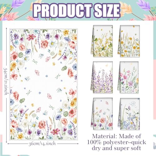 Redbaker 6 Pcs Wildflower Kitchen Towels Floral Butterfly Dish Cloth Set - Image 2