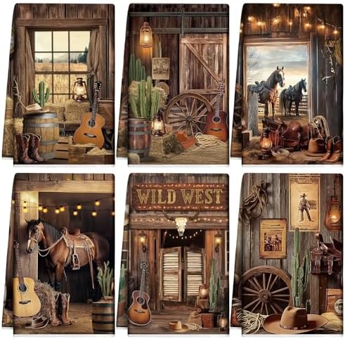 Breling 6 Pcs Western Cowboy Kitchen Towels Vintage Barn 14 X 21 Inch by Breling