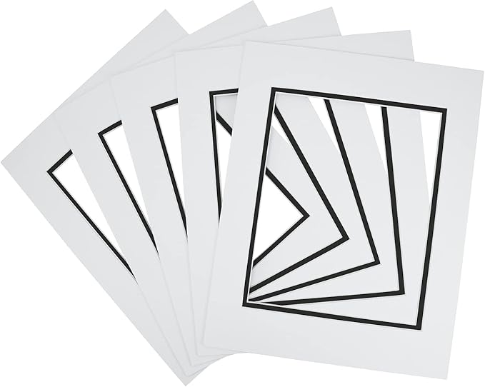 Golden State Art, 11x14 Double Mats for 8x10 - for Photos, Pictures, Frames - Acid-Free, 5 Pack, White Over Black
