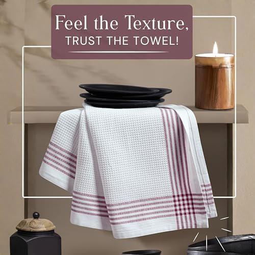 Waffle White & Burgundy Wine Dish Towels Set of 12, 100% Cotton, 16x26 inches - Image 3