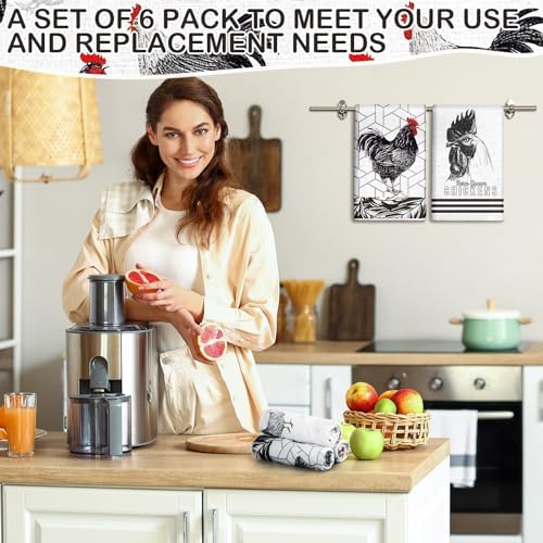 Redbaker 6 Pcs Kitchen Towels Black White Rooster Farm Chicken Dish Towel - Image 4