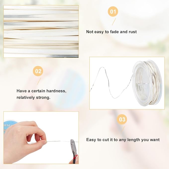 BENECREAT 33 Feet 21Gague Square Copper Wire, Silver Craft Copper Wire Tarnish Resistant Jewelry Wire for Jewelry, Hobby Craft Making, Floral, Decorations