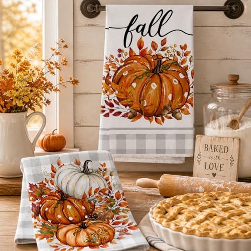 Orange Buffalo Plaid Leaves Pumpkin Fall Kitchen Towels Dish Towels, 18x26 Inch - Image 3