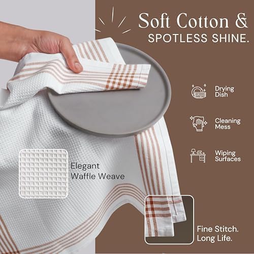 Waffle White & Brown 4 Pack Kitchen Towels Set, 100% Cotton, 16x26 inches - Image 3