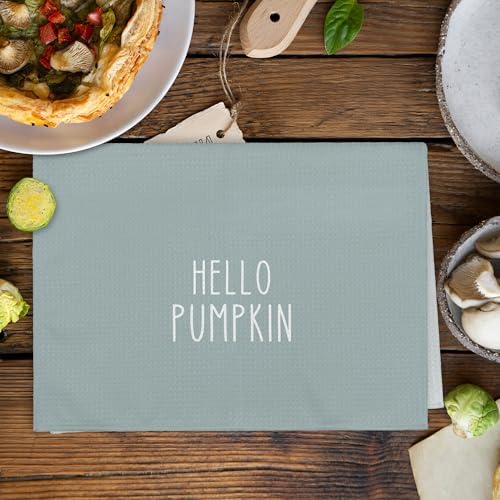 Fall Blue Hello Pumpkin Farmhouse Kitchen Towels and Dishcloths Sets of 2 - Image 3