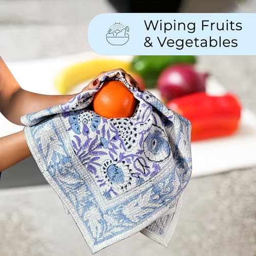 CPC Indigo Blue Hand Block Print Waffle Kitchen Towel Set of 3-16 x 28 Inch - Image 5