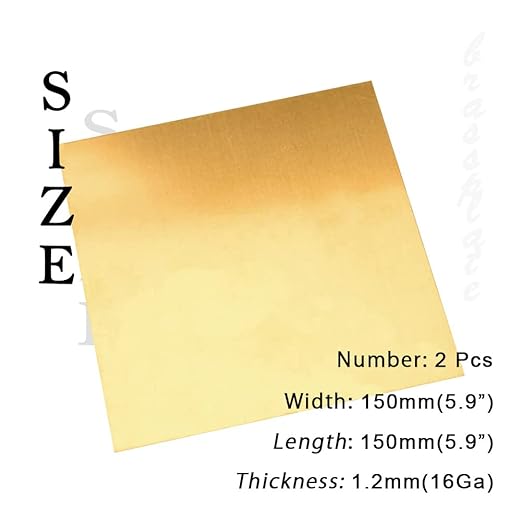 16 Gauge Brass Sheet，H62 Brass Plates Metal 0.047" Thickness x 5.9" Width x 5.9" Lenght, for Models, Crafts, Repairs, Electrical, 2Pcs