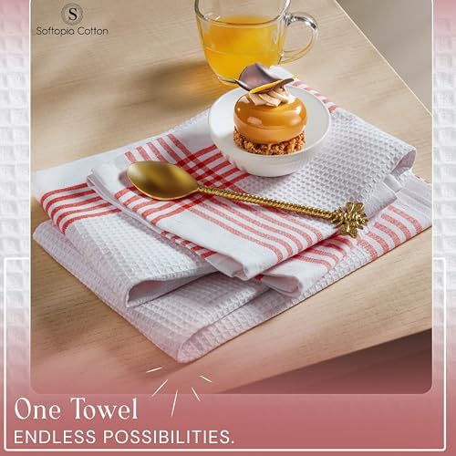 Waffle White & Red Kitchen Dish Towels, 100% Cotton 16x26 inches, Absorbent Tea - Image 4