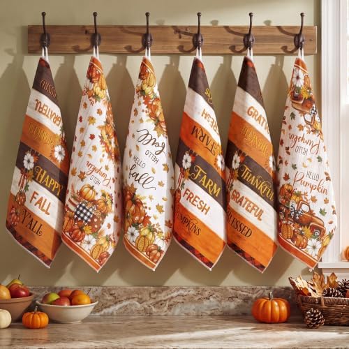 Redbaker 6 Pcs Fall Kitchen Towels, Ivory Pumpkin Funny Dish Towel, Autumn - Image 6