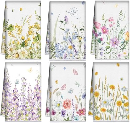 Redbaker 6 Pcs Wildflower Kitchen Towels Floral Butterfly Dish Cloth Set by Redbaker