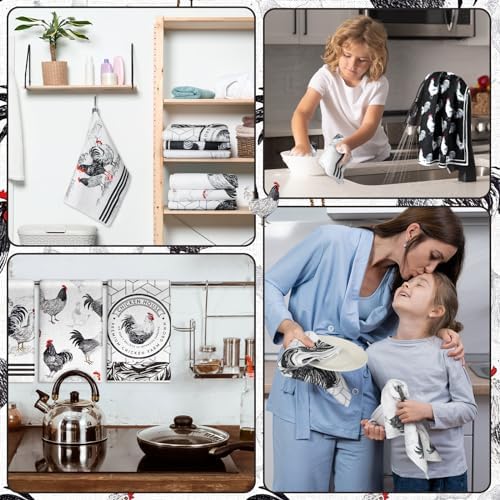 Redbaker 6 Pcs Kitchen Towels Black White Rooster Farm Chicken Dish Towel - Image 6