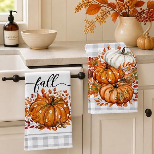 Orange Buffalo Plaid Leaves Pumpkin Fall Kitchen Towels Dish Towels, 18x26 Inch - Image 4