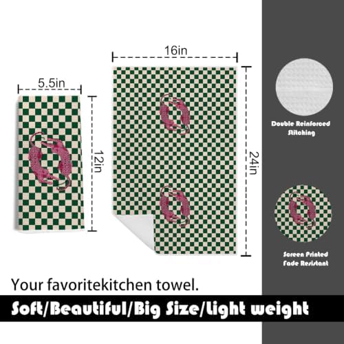 Trendy Hot Pink Leopard Green Checkered Kitchen Towels 16x24 Inch - Image 2