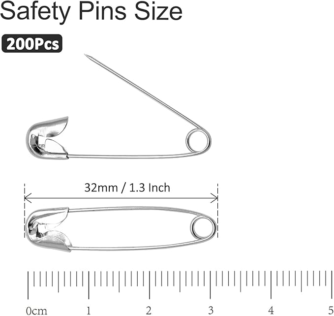 200 PCS 32mm / 1.3 Inch Heavy Duty Quilting Pins, Medium Safety Pins Bulk, Silver Metal Sewing Pins, Sharp Safety Pins for DIY Crafts Jewelry Making Baby Clothing (Nickel Plated)