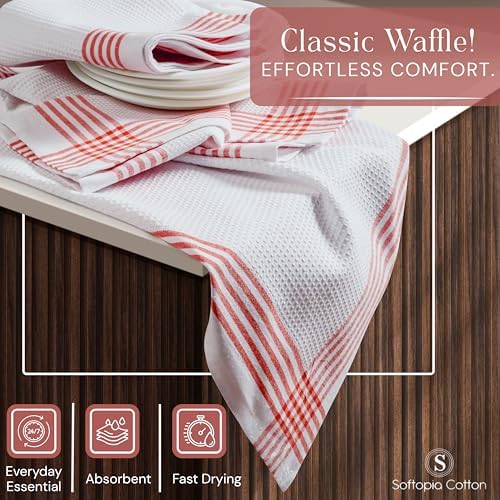 Waffle White & Red Kitchen Dish Towels, 100% Cotton 16x26 inches, Absorbent Tea - Image 5