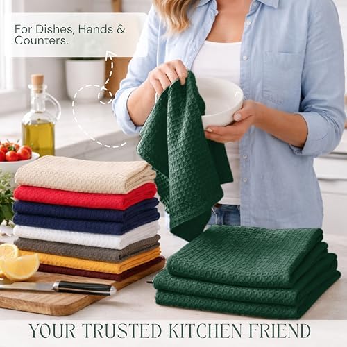 Forest Green Kitchen Dish Towels Set of 12-100% Cotton Waffle Weave, Super - Image 3