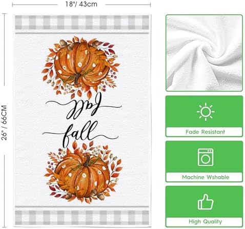Orange Buffalo Plaid Leaves Pumpkin Fall Kitchen Towels Dish Towels, 18x26 Inch - Image 2