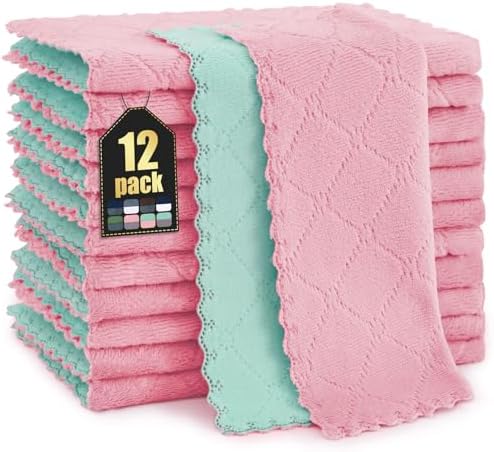 Homaxy 12 Pack Super Soft Dish Cloths, Dark Green & Pink by Homaxy