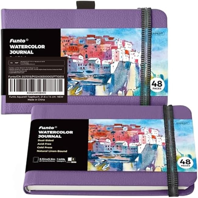 Funto Watercolor Journal, 8.5x5.5, 2 Pack, 48 Pages Each, Purple Leather Cover, Cold-Pressed, Inner Paper Pocket, Art Supplies for Mixed Media