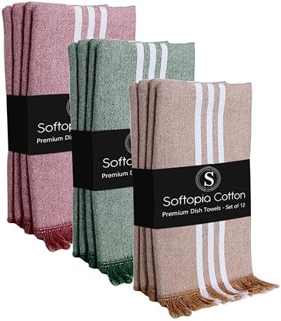 Stripe Kitchen Towels 12 Pack, 16x26 Inches, Reusable Wipe Rags, Absorbent and by SoftopiaCotton