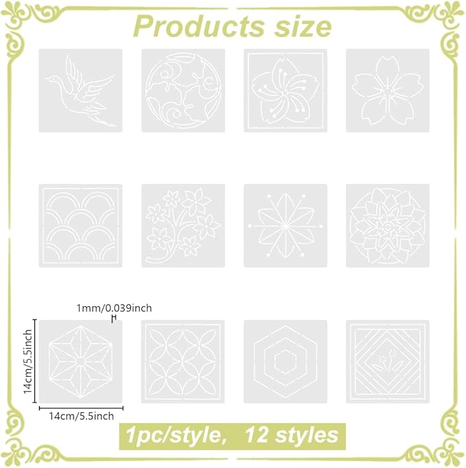 FREEBLOSS Sashiko Embroidery Stencils Sashiko PET Stencil Flowers Embroidery Patterns Stencils for Drawing Sashiko Template for Hand Quilting and Embroidery 14x14cm