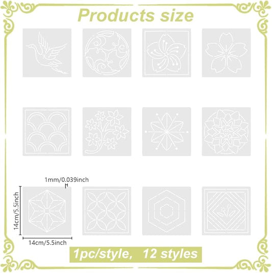 FREEBLOSS Sashiko Embroidery Stencils Sashiko PET Stencil Flowers Embroidery Patterns Stencils for Drawing Sashiko Template for Hand Quilting and Embroidery 14x14cm