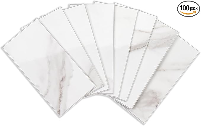 100 Pieces Peel and Stick Backsplash for Kitchen, 3" x 6" PVC Subway Tile 2025 Upgraded Glossy White Marble with White Grout Backsplash Stick on Tile Elevate Kitchen Fireplace RV