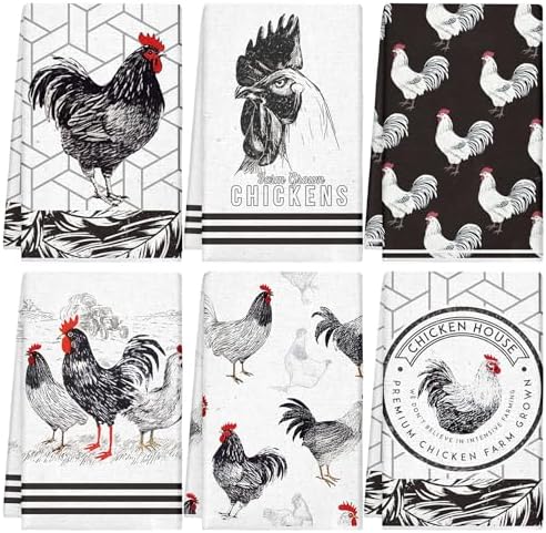 Redbaker 6 Pcs Kitchen Towels Black White Rooster Farm Chicken Dish Towel by Redbaker