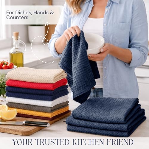Navy Waffle Kitchen Dish Towels, 100% Cotton, Quick Dry, Super Absorbent - Image 5