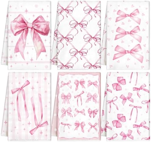 Breling 6 Pack Pink Bow Tea Towels Kitchen Dish Towels 14 X 21 Inch by Breling