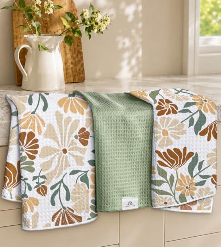 3pcs Double-Sided Waffle Kitchen Towels, Vintage Botanical by MuseHaus