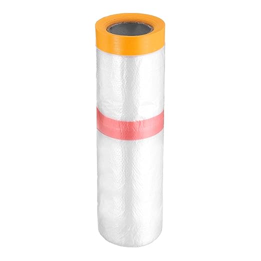 HARFINGTON Pre-Taped Masking Film 106.3" x32.8ft Double Adhesive Tape and Drape Painters Plastic Drop Cloth Film with Tape Plastic Sheeting for Automotive Painting Covering