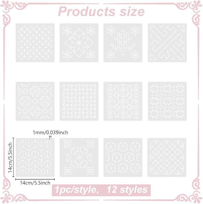 FREEBLOSS Sashiko PET Stencils - Geometric Hand Embroidery Patterns for Drawing and Quilting - 14x14cm Template