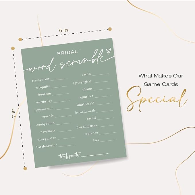 Bridal Shower Games Cards, Bridal Word Scramble, 25 Game Cards with 1 Answer Card, Engagement Party Wedding Games for Guests, Minimalist Green Wedding Party Supplies - C14