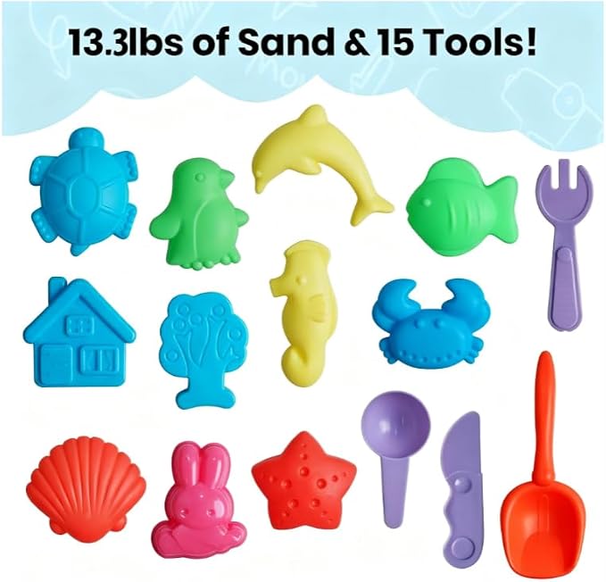 FURWEY Play Sand Set, with 13.3lbs of Colorful Sensory Sand, Plus 15 Tools & - Image 2