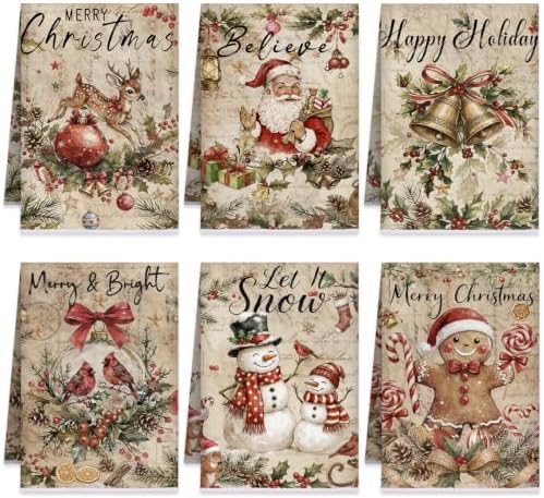 Breling 6 Pack Christmas Kitchen Towels Vintage Santa Reindeer 14x21 in by Breling