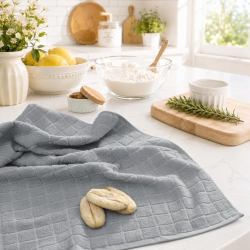 Kitinjoy Premium Cotton Check Kitchen Towels 8 Pack, Light Grey - Image 6