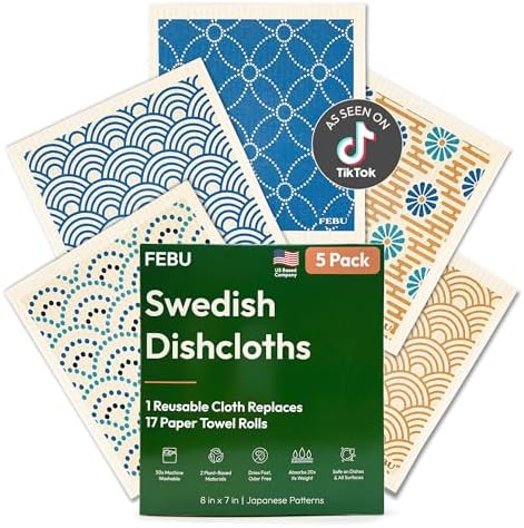 FEBU Swedish Dishcloths for Kitchen | 5 Pack Japanese Reusable Paper Towels by FEBU
