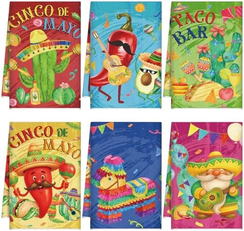 Breling 6 Pack Mexican Kitchen Towels Fiesta Cactus Taco Cinco De Mayo by Breling