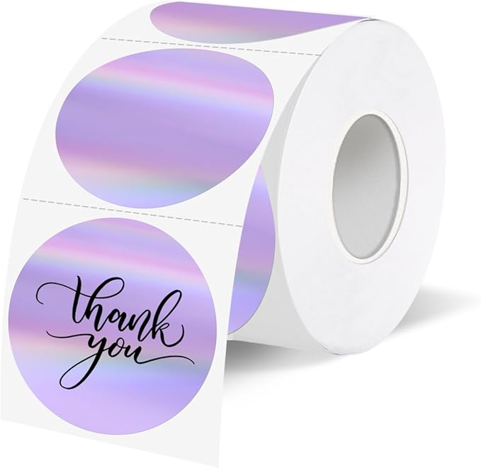 1.5" Holographic Direct Thermal Label Stickers, Round Printable Rainbow Glitter Thermal Printer Sticker Labels for Gift Wrapping, Self-Adhesive DIY Custom Logo Design- Purple