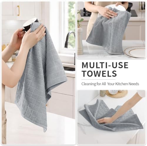Kitinjoy Premium Cotton Check Kitchen Towels 8 Pack, Light Grey - Image 4