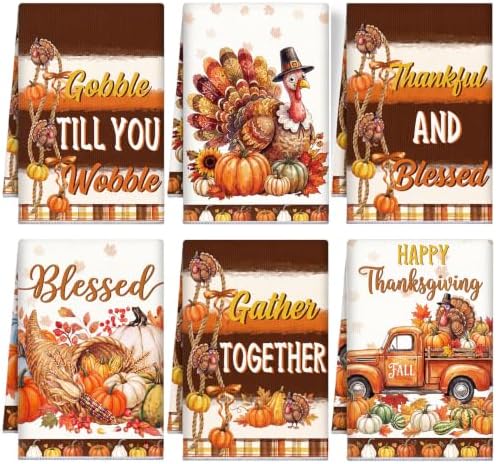 Redbaker 6 Pcs Thanksgiving Kitchen Towels, Turkey Pumpkin Funny Dish Towel by Redbaker