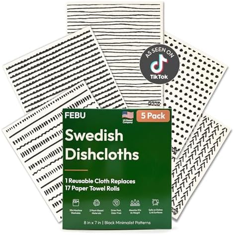 FEBU Swedish Dishcloths for Kitchen | 5 Pack Black Minimalist Reusable Paper by FEBU