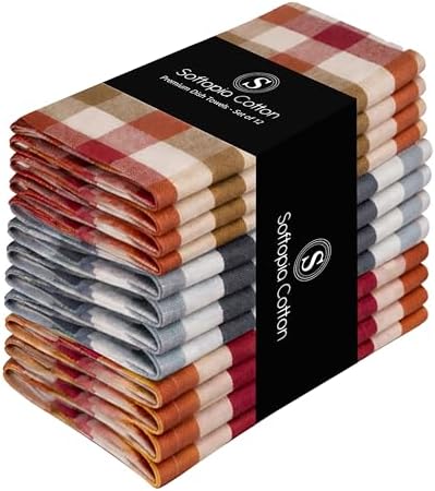 Multi Check Tea Towels 12 Pack Combo, Dish Towels by SoftopiaCotton