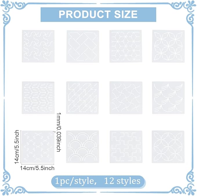 FREEBLOSS 12Pcs Sashiko Stencils Sashiko Embroidery PET Template Drawing Line Template for Hand Quilting Sashiko Patterns Templates Embroidery Stencils 5.5 * 5.5''