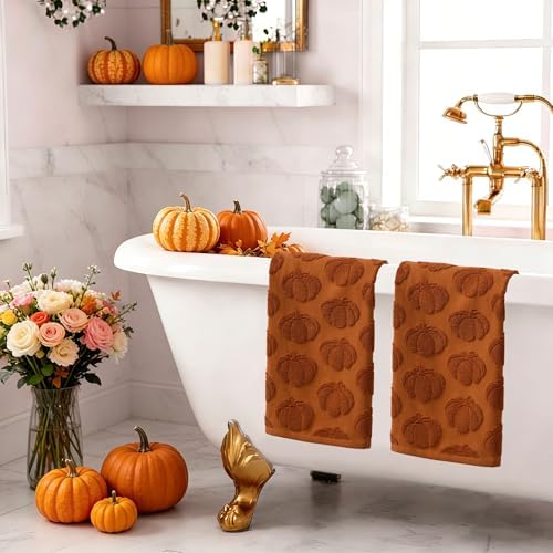 Fall Hand Towels 13.7x29.5 inch Set of 2 Autumn Thanksgiving 3D Rust Pumpkin - Image 3