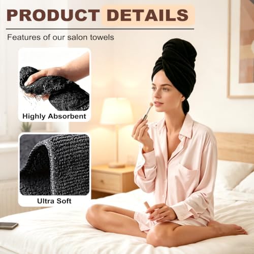 Puomue Black Salon Towels, Super Soft and Absorbent Microfiber Hair Towel - Image 6