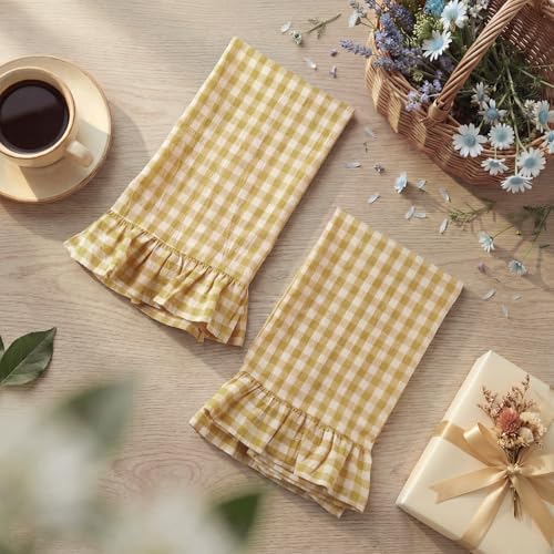 HunnmingRe 2 Pcs Yellow Gingham Kitchen Towels Cotton Ruffled, Fall Decor - Image 3