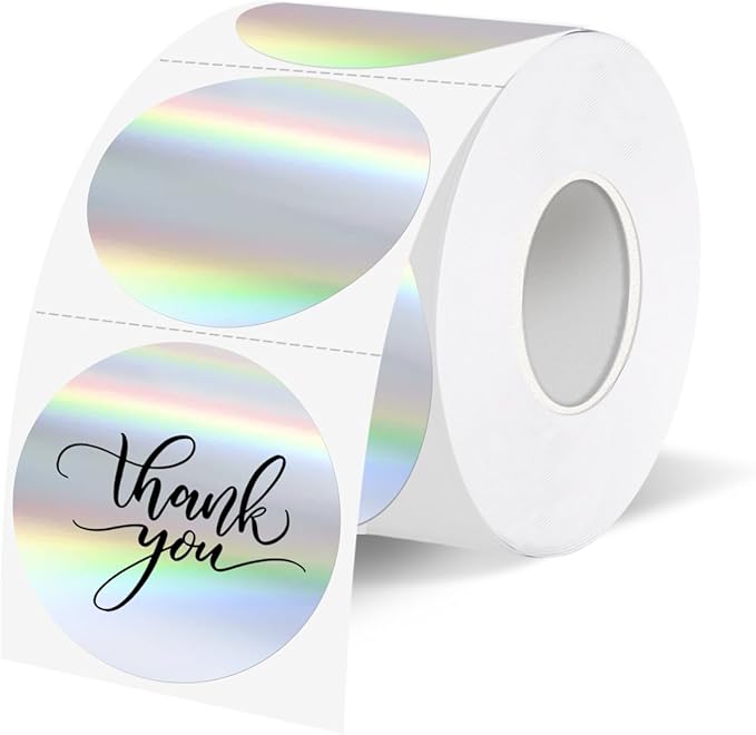 1.5" Holographic Direct Thermal Label Stickers, Round Printable Rainbow Glitter Thermal Printer Sticker Labels for Gift Wrapping, Self-Adhesive DIY Custom Logo Design- Silver